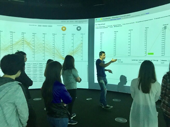 UTS staff giving presentation in the Data Arena - a 360-degree interactive data visualization facility.
